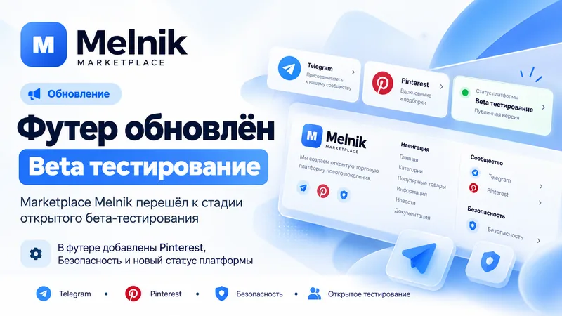 Обновление Marketplace Melnik: переход к открытому Beta-тестированию, новый статус платформы, Pinterest и раздел «Безопасность» в обновлённом футере.