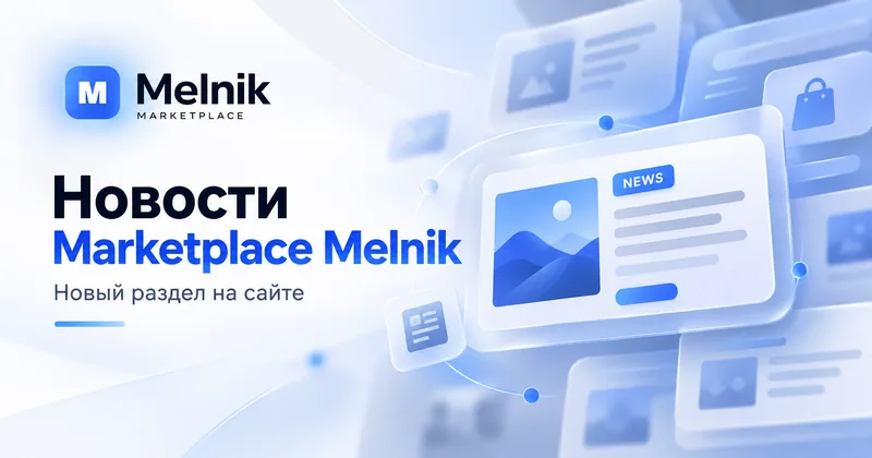 На обложке надпись «Новости Marketplace Melnik. Новый раздел на сайте» и иллюстрация новостной ленты в фирменных синих цветах.