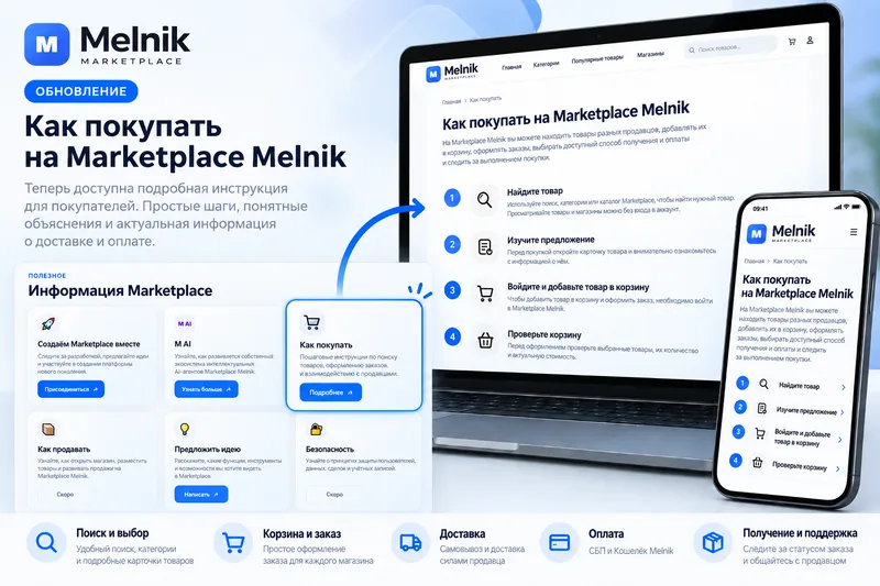 Обновление Marketplace Melnik: новая пошаговая инструкция «Как покупать» с информацией о поиске товаров, корзине, доставке, оплате и получении заказа.